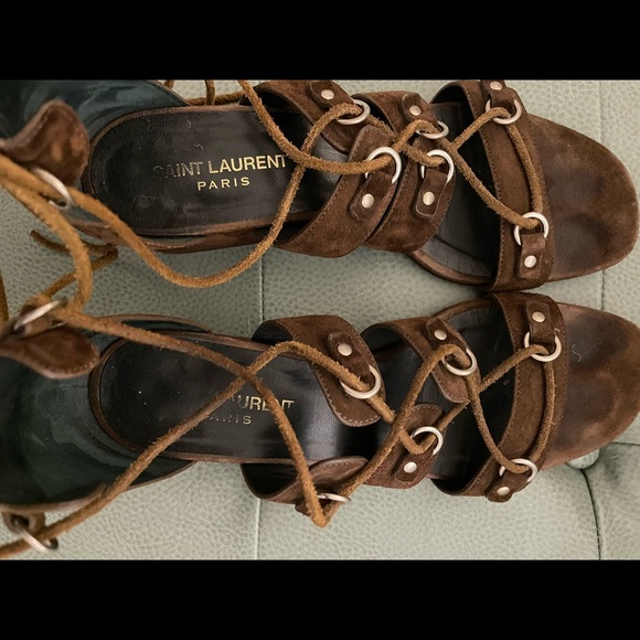 Saint Laurent Babies Otterproof Light Coffy suede gladiator lace up block heel - Picture 5 of 6